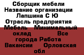 Сборщик мебели › Название организации ­ Лапшина С.Ю. › Отрасль предприятия ­ Мебель › Минимальный оклад ­ 20 000 - Все города Работа » Вакансии   . Орловская обл.